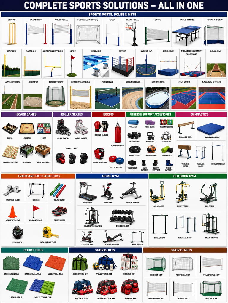 Comprehensive collection of sports equipment including basketball nets, tennis rackets, boxing gloves, and home gym machines.