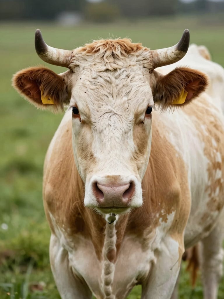 Close three-quarter portrait of a Jersey cow in north-facing daylight, soft cream and fawn coat detail filling the frame, calm dark eyes, green pasture visible behind her, intimate and documentary, no humans