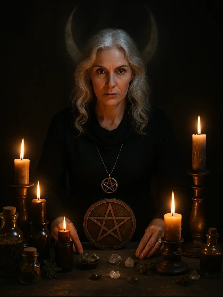 Bruja Samara canalizando ritual ancestral con velas, piedras y simbolo de protección en altar espiritual.