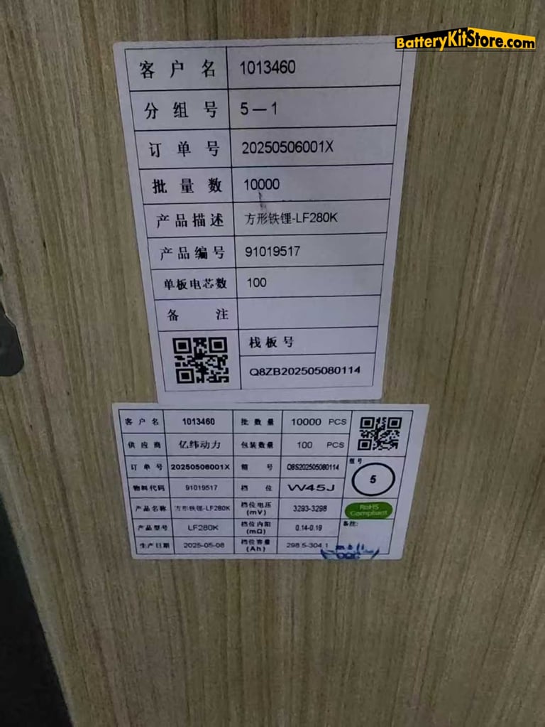 detail of label on the package of EVE LF280K LiFePO4 prismatic battery cells