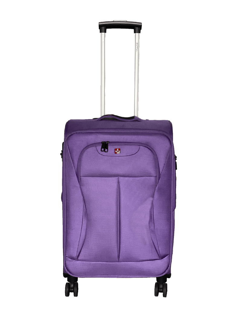 a purple travelling trolley bags with four wheel