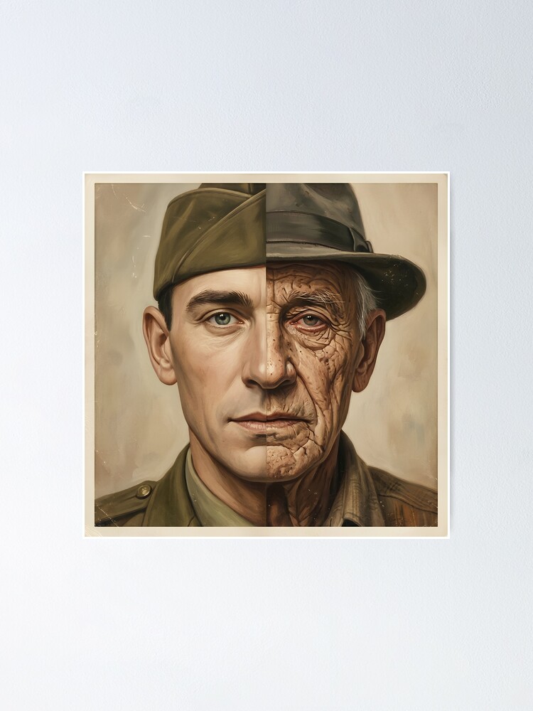Framed split-face portrait art print of a soldier and older man.