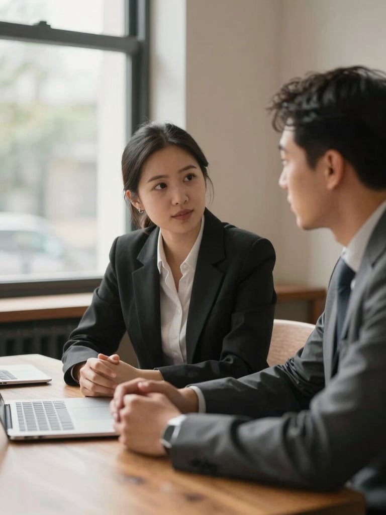 Two professionals engaged in an earnest, collaborative discussion at a wooden table, soft natural daylight, premium editorial corporate style