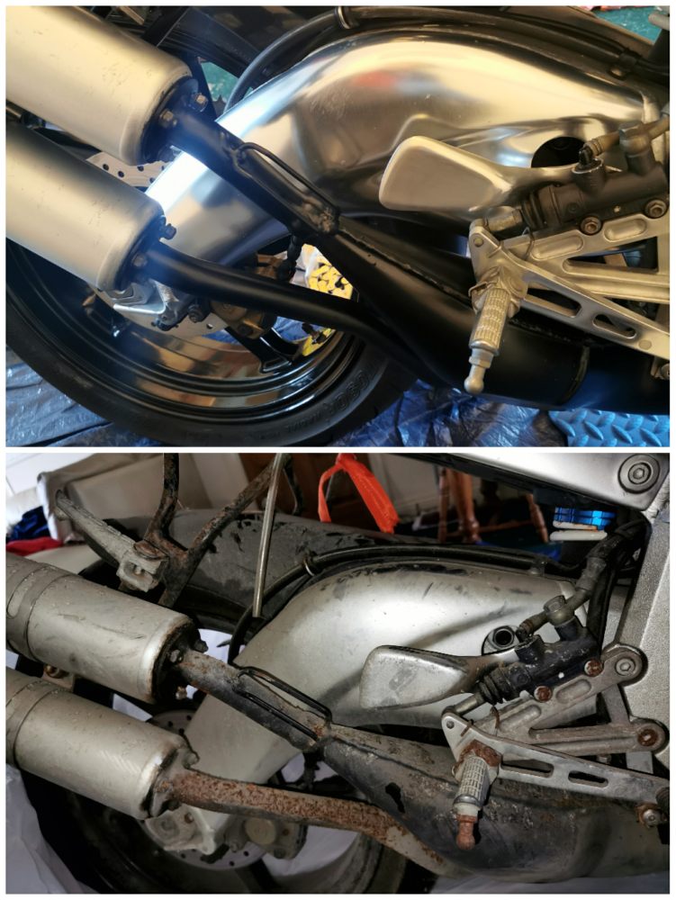 Aprilia RS250 before and after restoration swingarm and exhausts