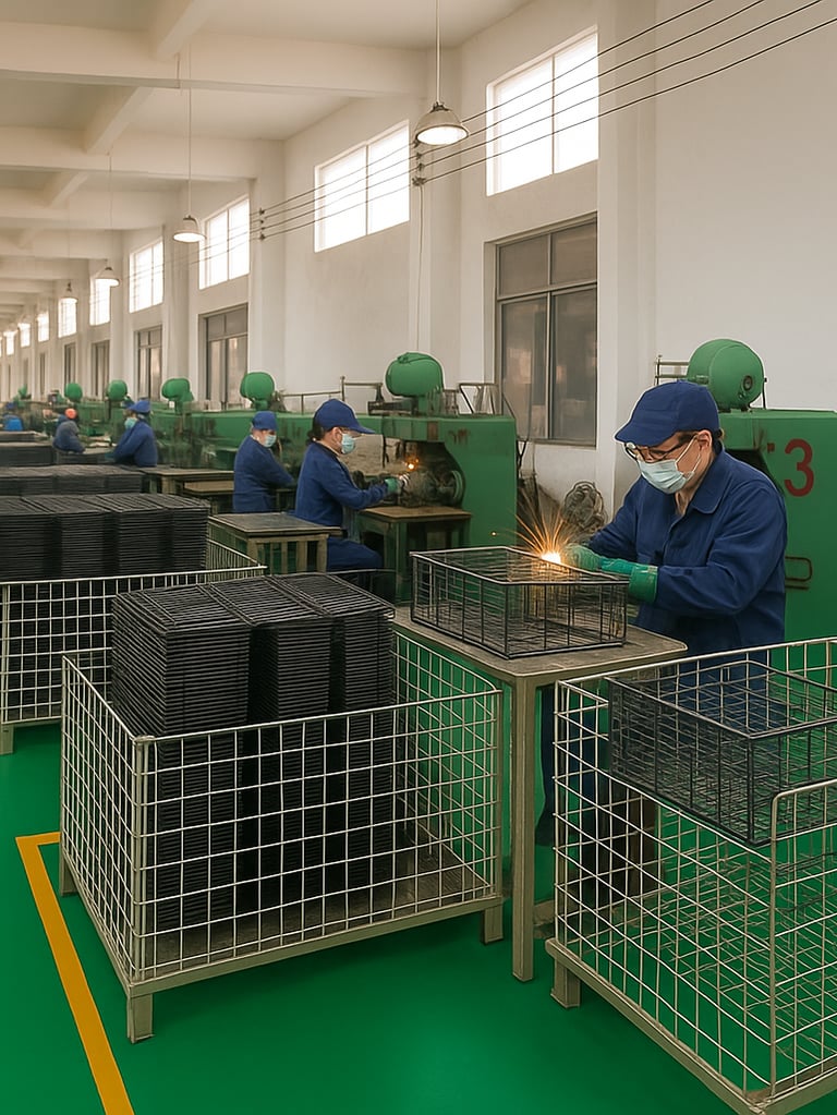 Factory workers assembling custom metal storage racks — small-batch OEM production from China