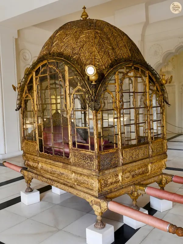 Intricate golden palki with lattice work, Daulat Khana Mehrangarh Fort Jodhpur.