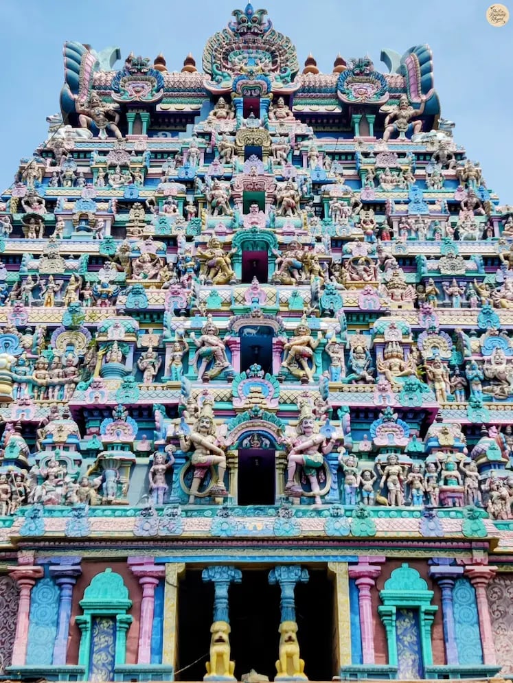 Closer view of the gopuram at Jambukeshwar Temple, Thiruvanaikaval, Trichy, the water element shrine of Pancha Bhoota Sthalam