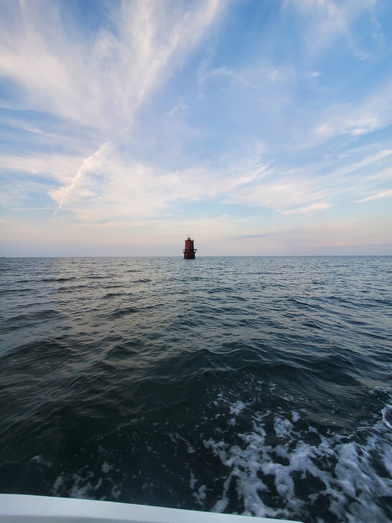 Thimble Shoals Light from boat on Chesapeake Bay
