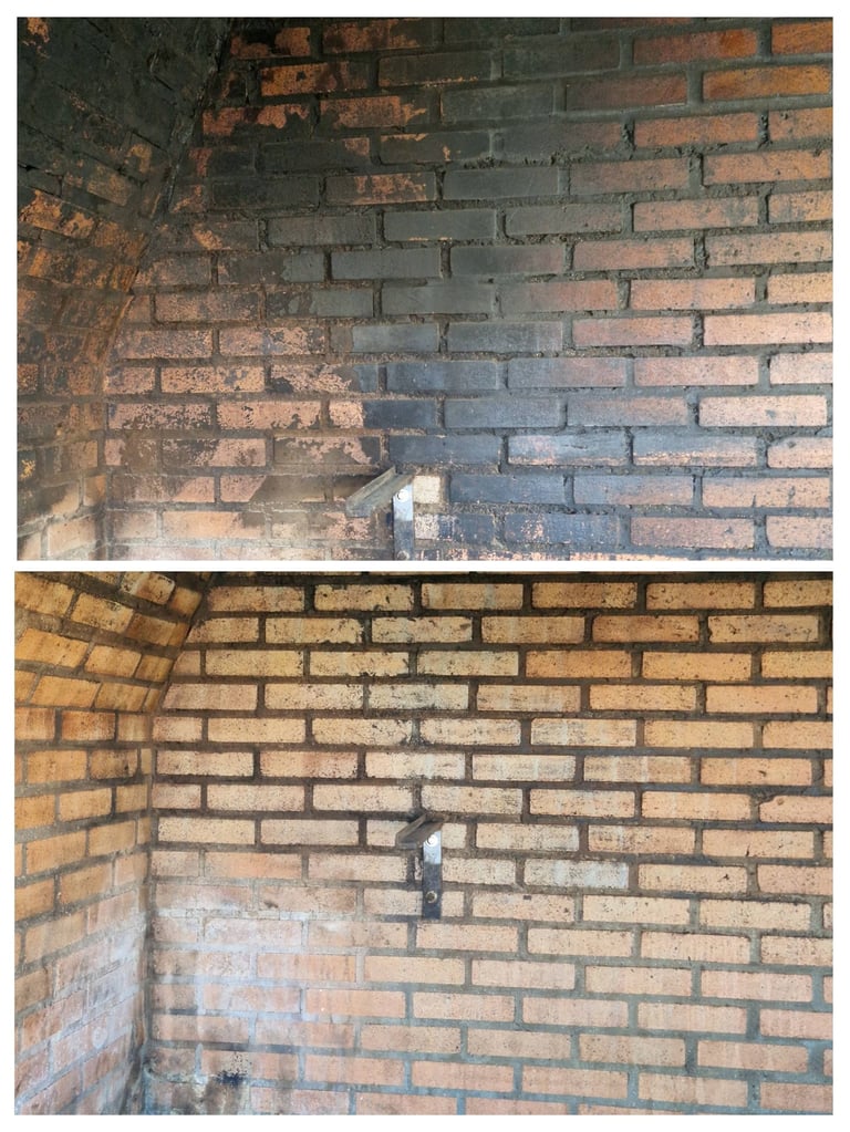 El antes y despues de una limpeza laser de hollin en ladrillo visto