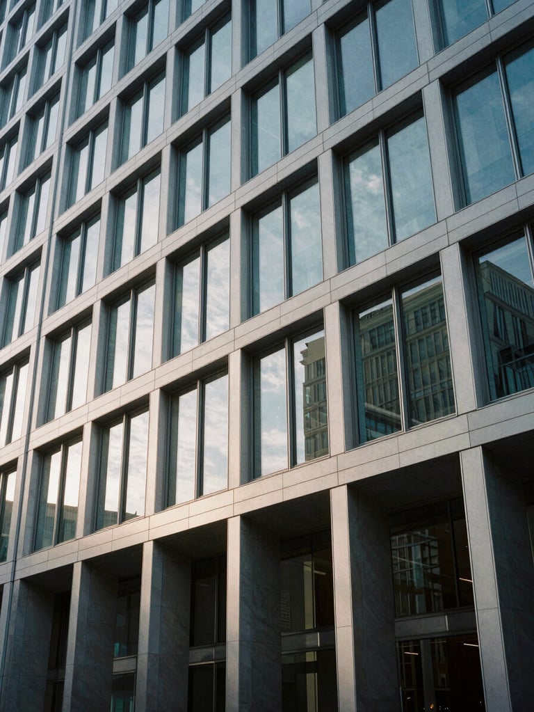 Wide architectural shot of a modern corporate building facade reflecting cool morning light, clean lines, minimalist geometry, high contrast.