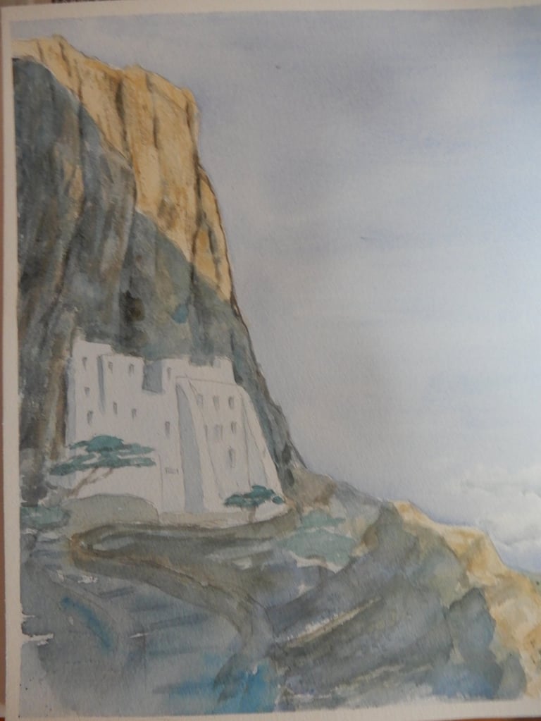 Monastère de Amorgos, aquarelle sur papier 100% coton, 24x30 cm, Sébastien Schoch
