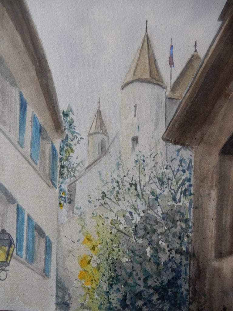Ruelle de la Poterne Nyon, aquarelle sur papier 100% coton, 24x30 cm, Sébastien Schoch