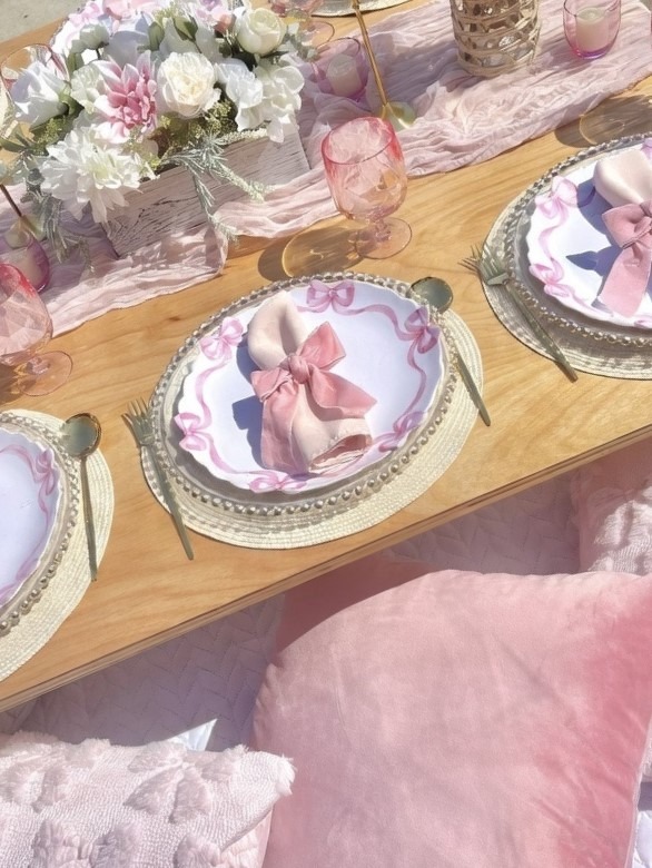 Pink bow picnic theme with blush linens, bows, elegant tableware near Lawrenceville, GA Gwinnett 