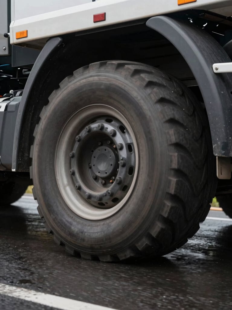 Close tracking shot from low angle alongside a heavy commercial truck tire rolling at highway speed on a dark wet road, studio-lit tire tread in sharp focus, motion blur on background, industrial atmosphere, no people