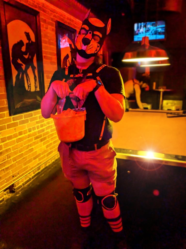 A man in a bar poses wearing a pup mask.