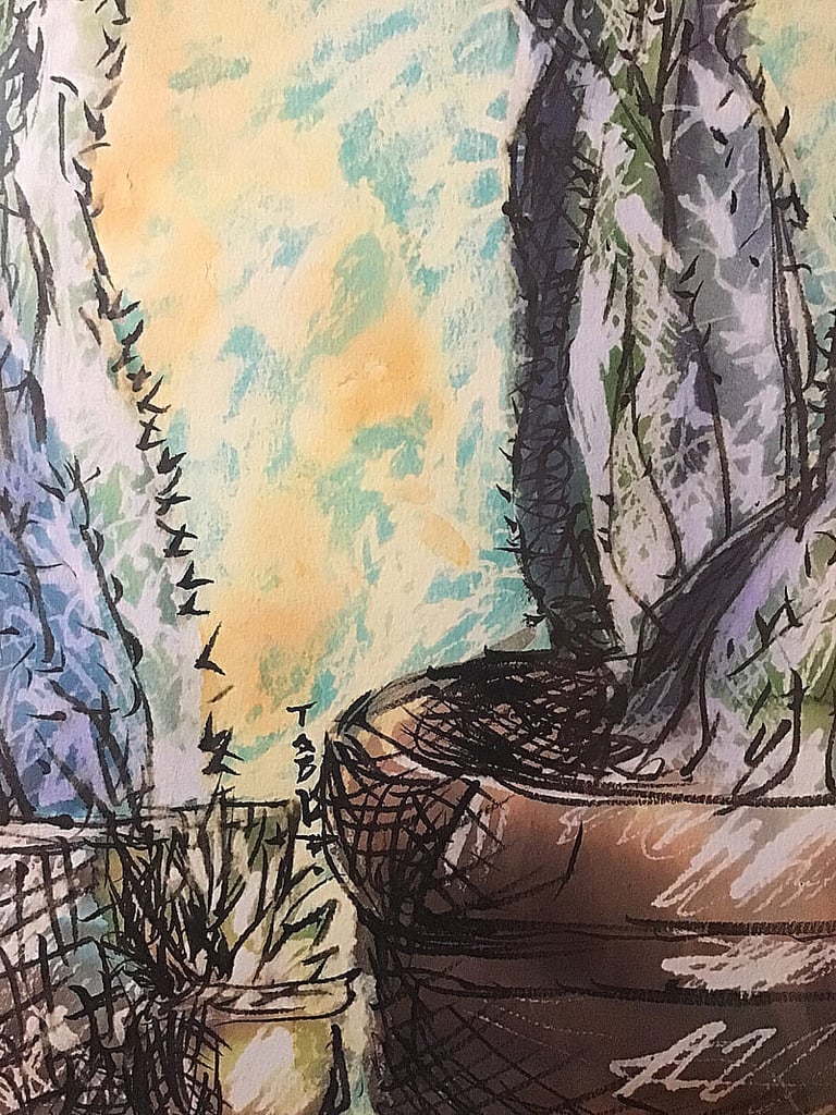 "Colores que abrazan la tierra". Pintura única de Tabuchi realizada con anilina sobre vitela.