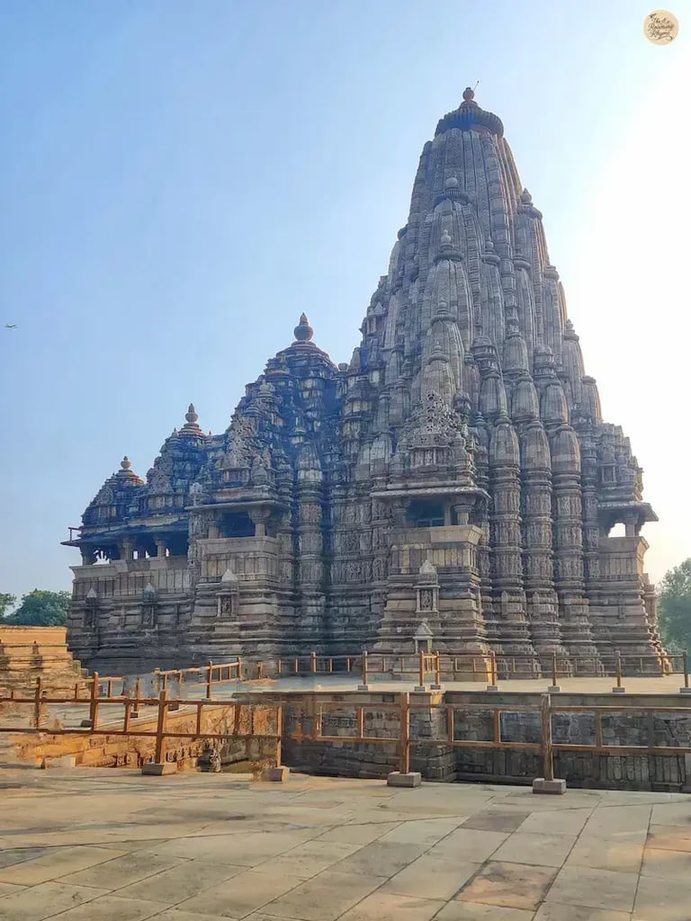 Kandariya Mahadev Temple in Khajuraho, known for its towering shikhara and intricate carvings.