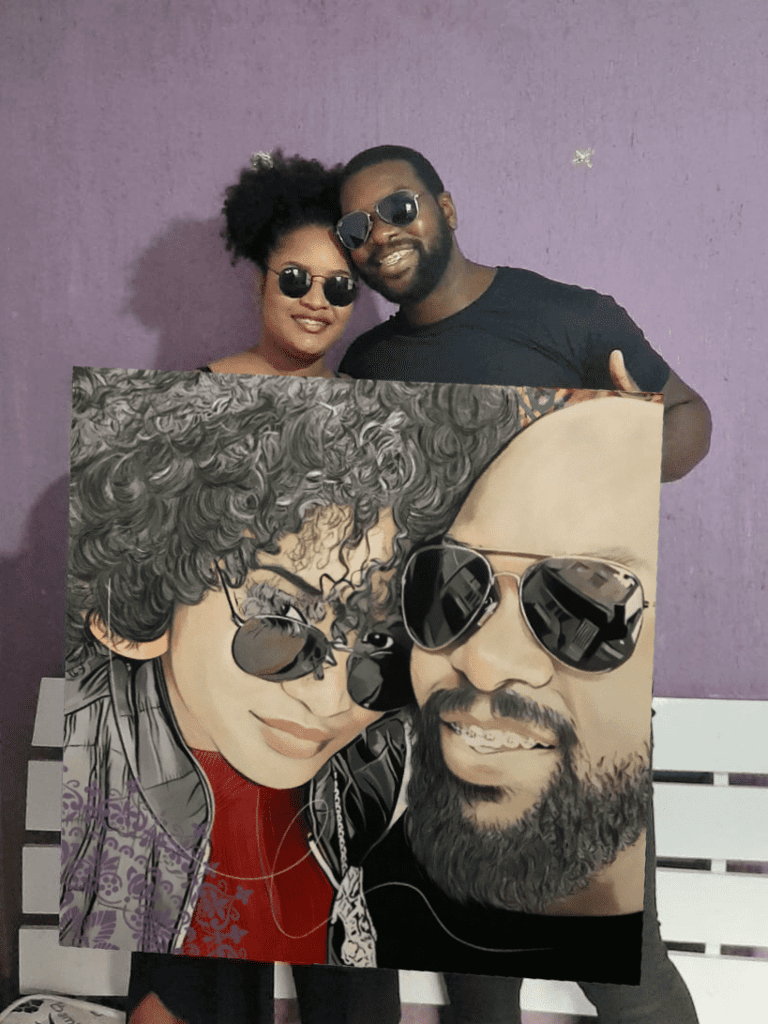 Rosto de namorados em pop-art, com detalhes expressivos e estilo contemporâneo