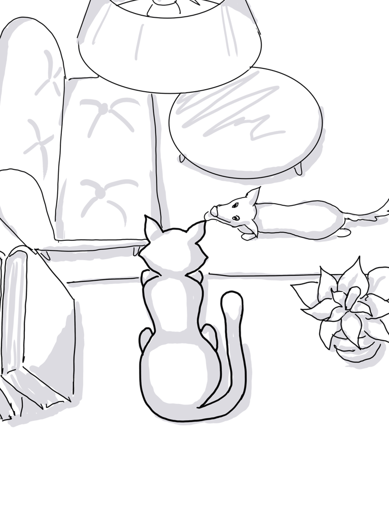 a drawing of a cat in a shelf looking down in the living room where there a dog looking back