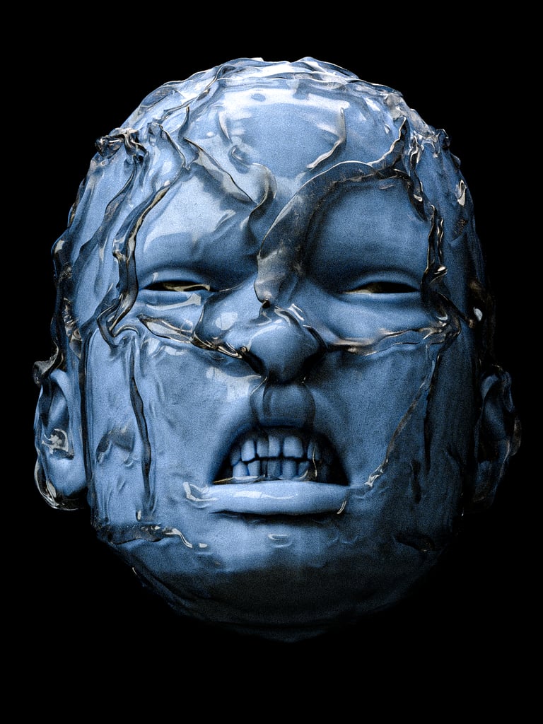 Render 3D de una cabeza azul, siendo asfixiada por una mascara transparente de plástico