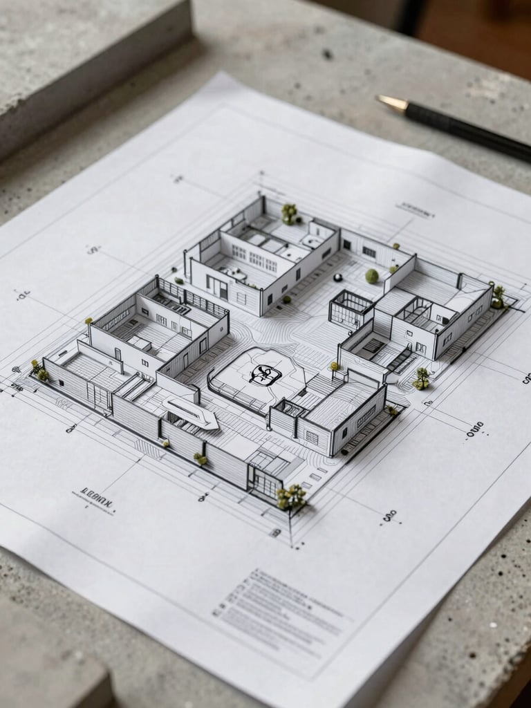 Detailed architectural blueprint of a civic master plan overlaying a concrete model, technical lines, precise drafting context, sharp daylight.