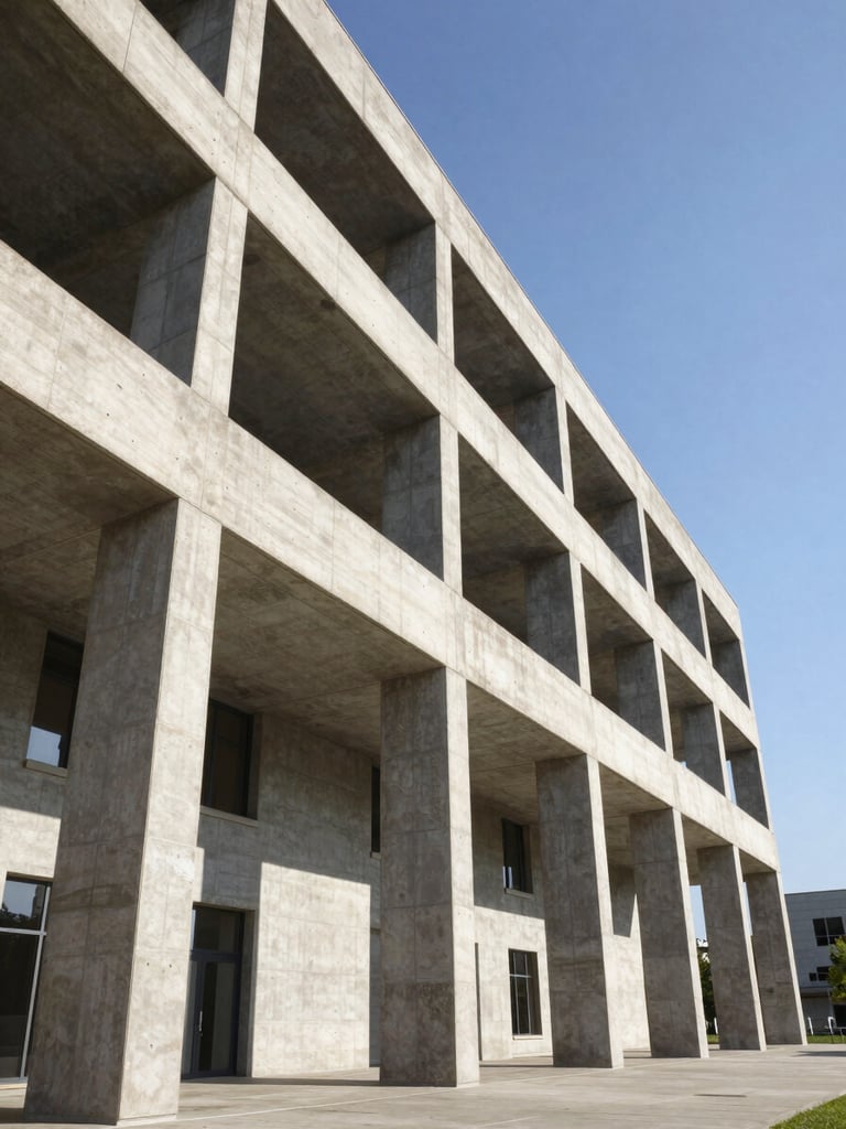 Low-angle architectural perspective of a monumental concrete and steel civic building, sharp geometric shadows, crisp bright daylight, clean technical composition.