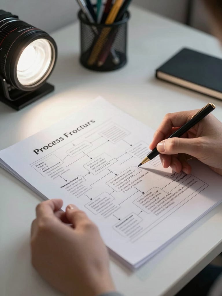 Tight detail shot of hands reviewing a printed process framework document on a clean desk — annotated flowchart visible, cool studio light from the left, organised stationery in the background, no faces