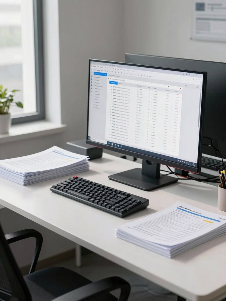 Wide environmental shot of an organised modern office workspace — a clean desk with a large monitor displaying a structured dashboard, printed documentation neatly stacked, a mechanical keyboard, cool north-facing daylight flooding in from the left, no people, everything in its precise place