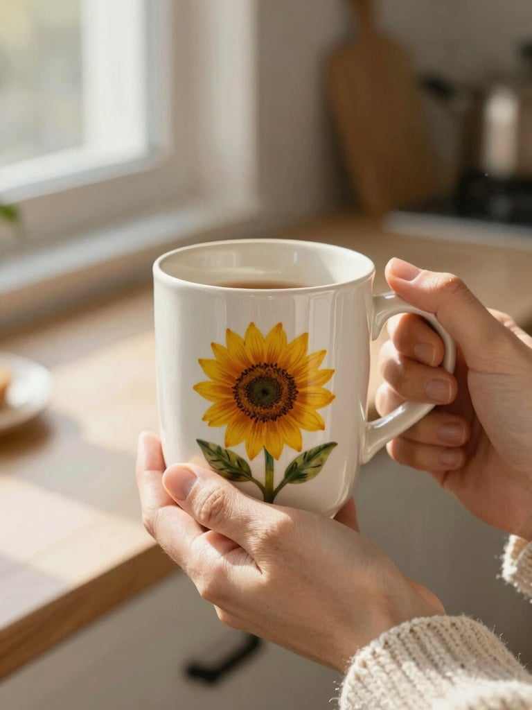 Intimate close-up of hands holding a warm ceramic mug with a tiny hand-painted sunflower, soft morning sunlight streaming through a kitchen window, cozy knit sleeve visible.