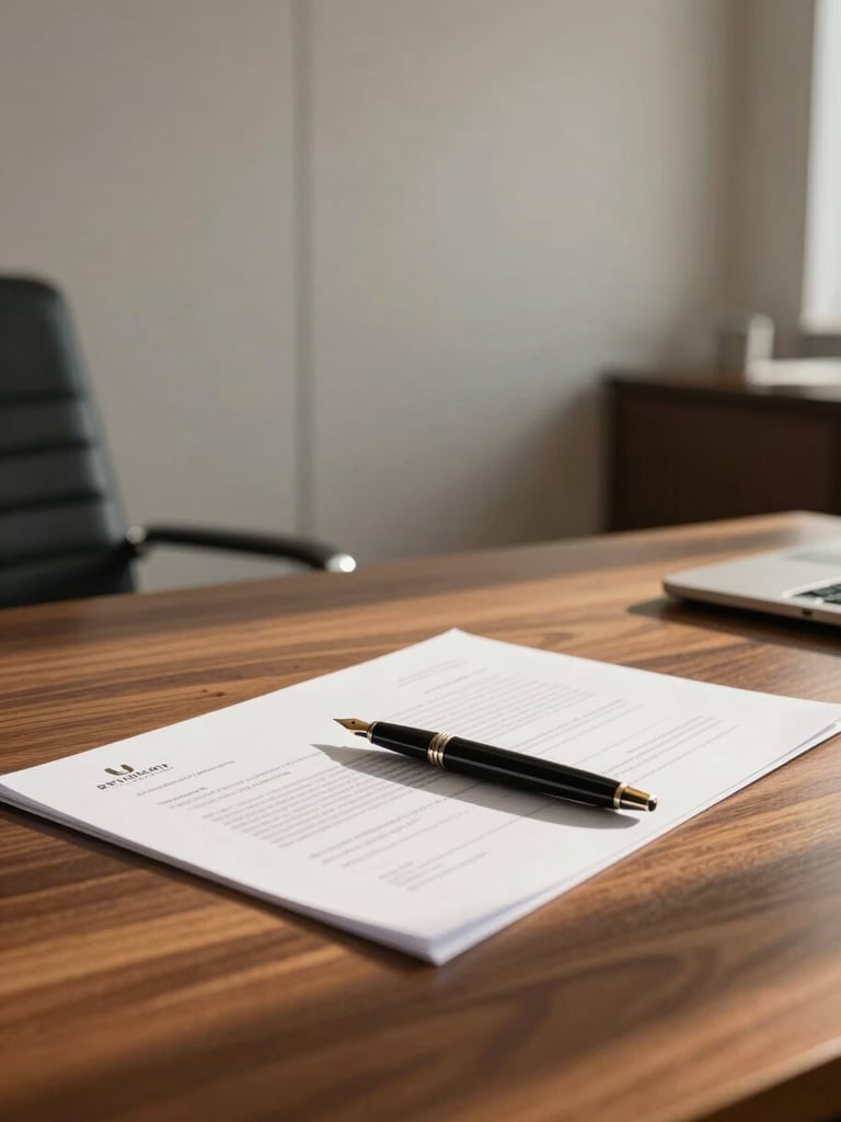 Cinematic wide shot of a premium Saudi corporate office in Riyadh, warm afternoon sun casting soft shadows on a polished wooden desk with high-quality printed contracts, an elegant fountain pen resting on top, clean minimalist background.