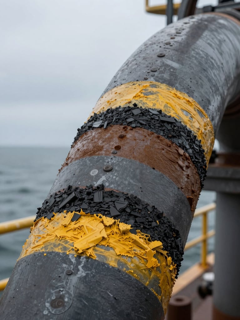 Macro shot of industrial protective coating layers on a heavy steel offshore pipe, high-contrast industrial lighting, focus on material texture, overcast maritime background.