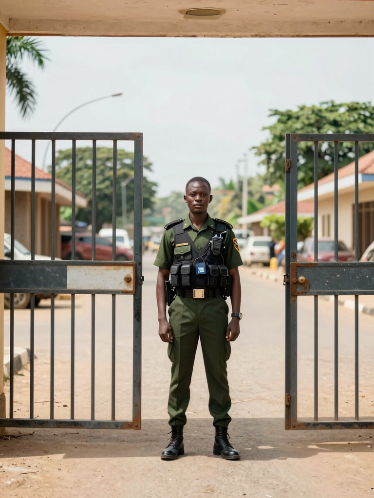 Wide environmental shot at eye level of an ASEC guard in uniform standing at a metal gate checkpoint in Bujumbura, daytime documentary light, street architecture and vegetation visible in background, radio clipped to vest