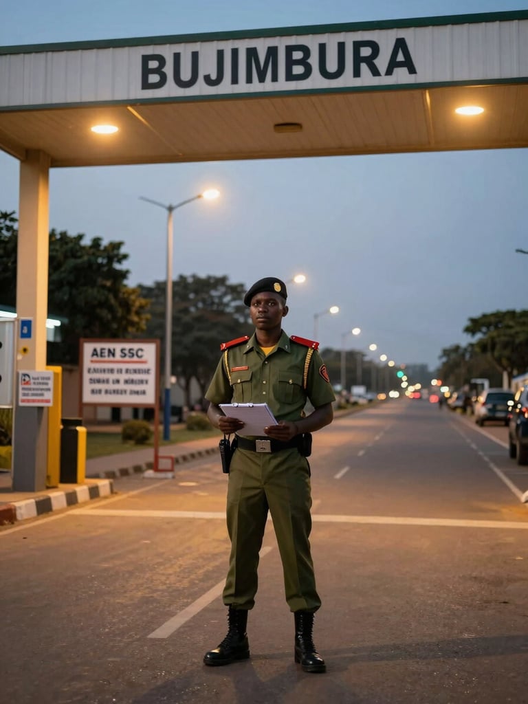 Wide environmental shot, eye-level framing — an ASEC uniformed guard standing at a lit checkpoint gate in Bujumbura at dusk, radio clipped to belt, clipboard in hand, institutional signage visible behind him, documentary natural light with amber streetlamp glow, no heroic posing