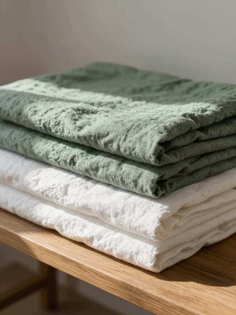 Close up of folded organic linen sheets on a wooden bench, soft morning shadows, minimal aesthetic.