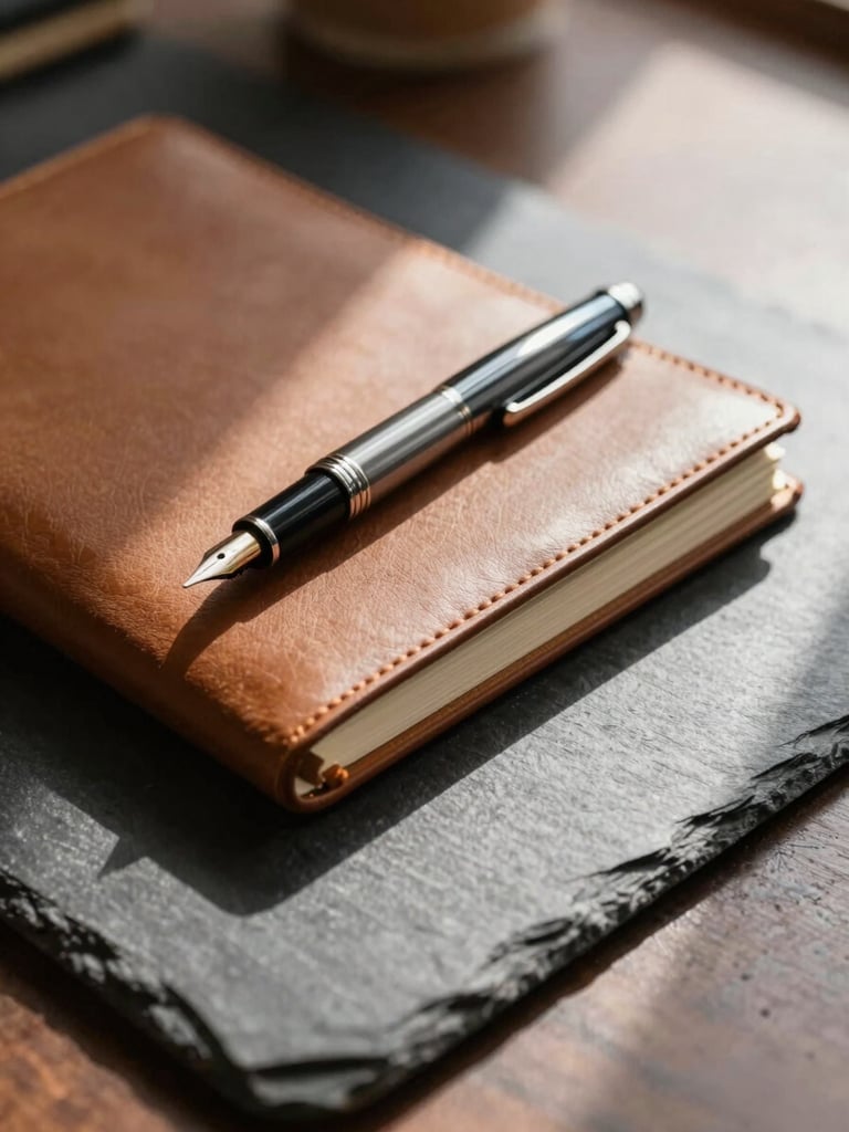 A clean close-up of a physical leather notebook and high-end fountain pen on a dark slate desk, natural side-lighting with deep shadows, architectural lines.