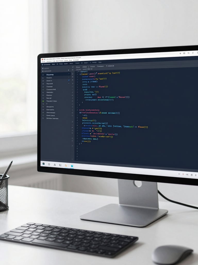 Minimalist desktop setup with a clean code editor showing structured code on a monitor, soft natural daylight, deep navy and cool gray tones, professional workspace, shallow depth of field, 35mm lens