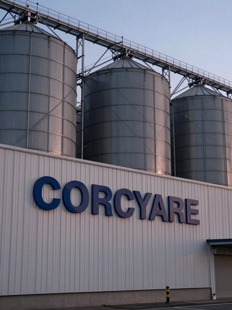 Wide environmental shot of a grain storage facility exterior at dusk, bold corporate signage applied to the facade visible in the foreground, clean industrial architecture, available light with no warmth, no people in frame