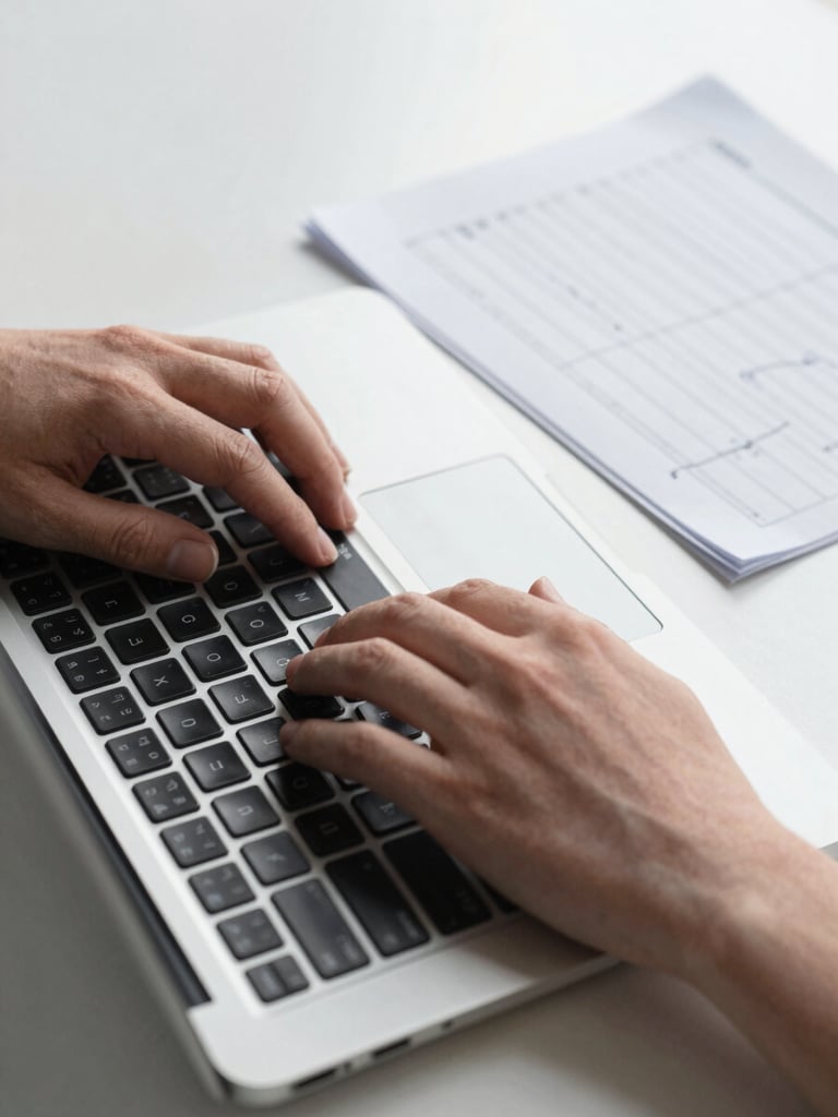 Close-up overhead view of hands on a laptop keyboard, a strategy document with handwritten annotations visible to the upper right, soft north-facing studio daylight, clean desk surface, no staged props