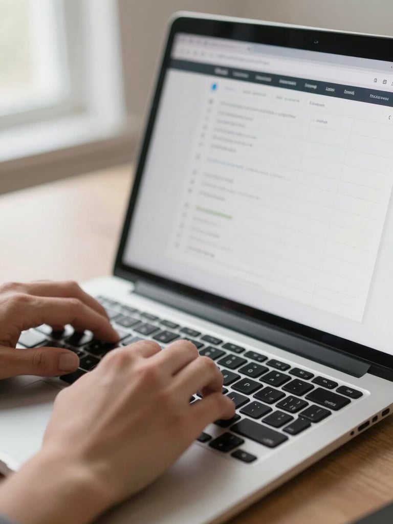 Close-up of hands on a laptop keyboard, screen displaying a clean website layout with grid-structured UI, soft north-facing daylight from the left, minimal desk surface visible, shallow depth of field on the screen