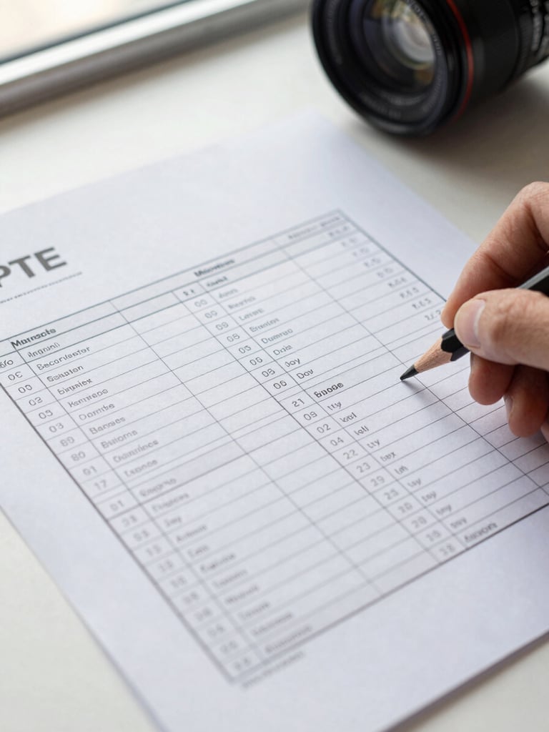 Close-up overhead view of a printed PTE scoring rubric on a desk with a pencil marking key criteria, soft daylight from a window, clean white surface