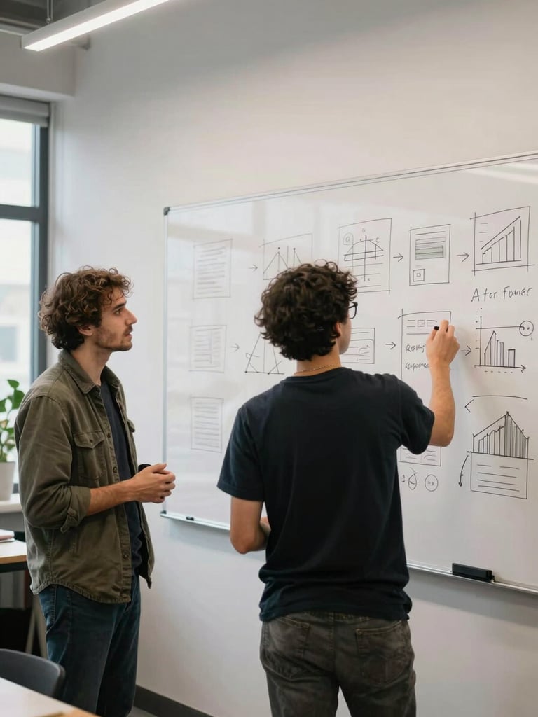 Wide environmental shot of a collaborative workshop in progress — two professionals studying a whiteboard covered in strategy sketches, even ambient studio light from the left, organic mid-conversation framing, no posed smiles