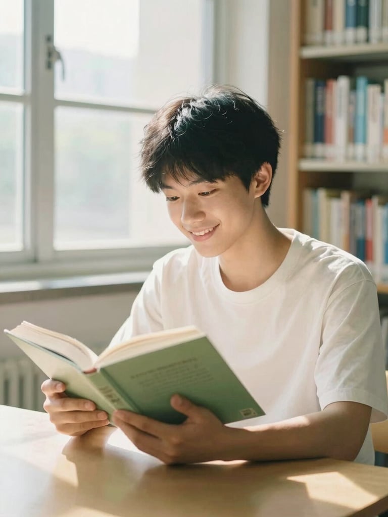 A student smiling warmly while reading a book in a sunlit school library, soft green tones, natural window light, 35mm