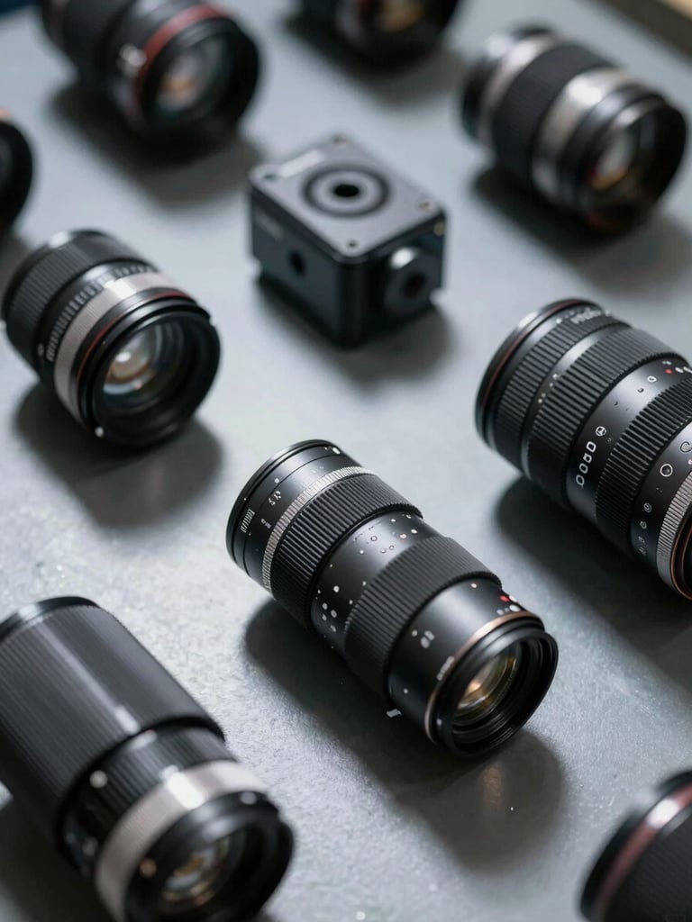 Macro shot of physical manufactured goods in a structured warehouse, overhead perspective, cool crisp studio lighting, sharp shadows