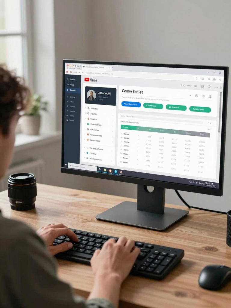 Over-shoulder view of a YouTuber at a desk reviewing channel analytics on a large monitor, clean studio setup, soft window light from the left, minimal background, hands on keyboard