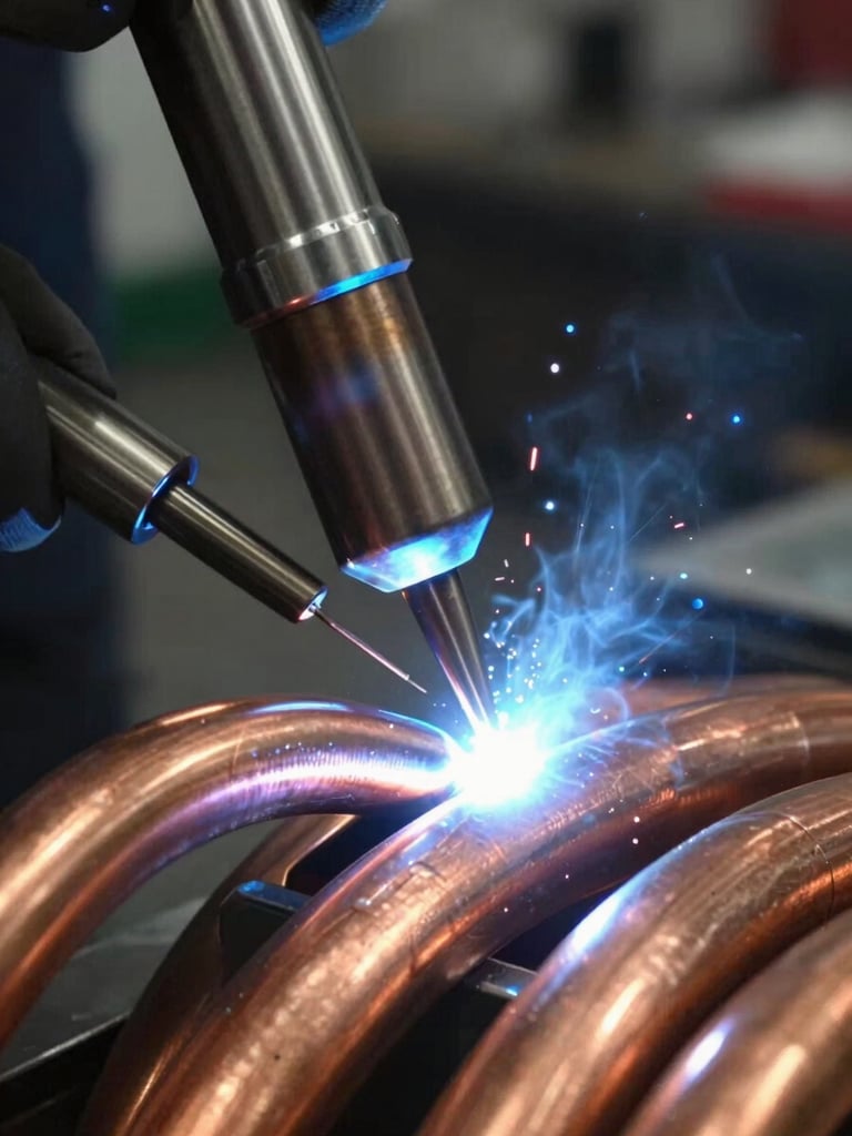 Close-up of precision TIG welding on copper tube bends of an industrial coil, intense bright arc light with cool blue rim lighting on raw metallic surfaces, high contrast.