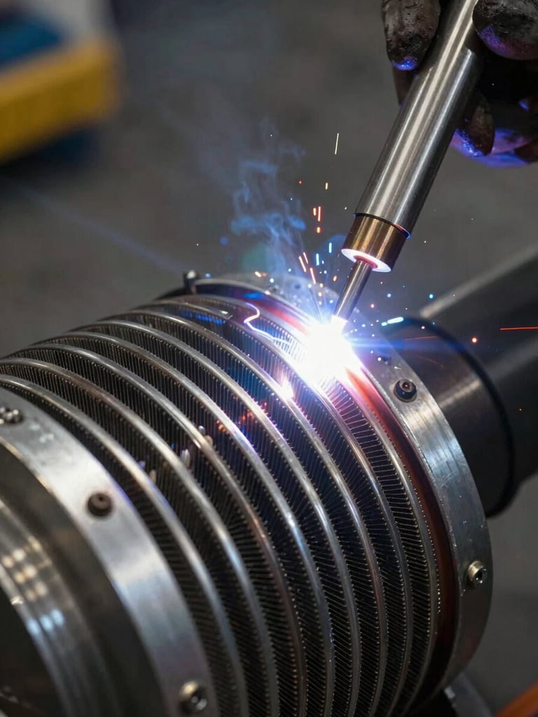 Detailed macro shot of precision TIG welding on aluminum fins of an industrial coil, bright electric arc light, metallic reflections, dark workshop background.