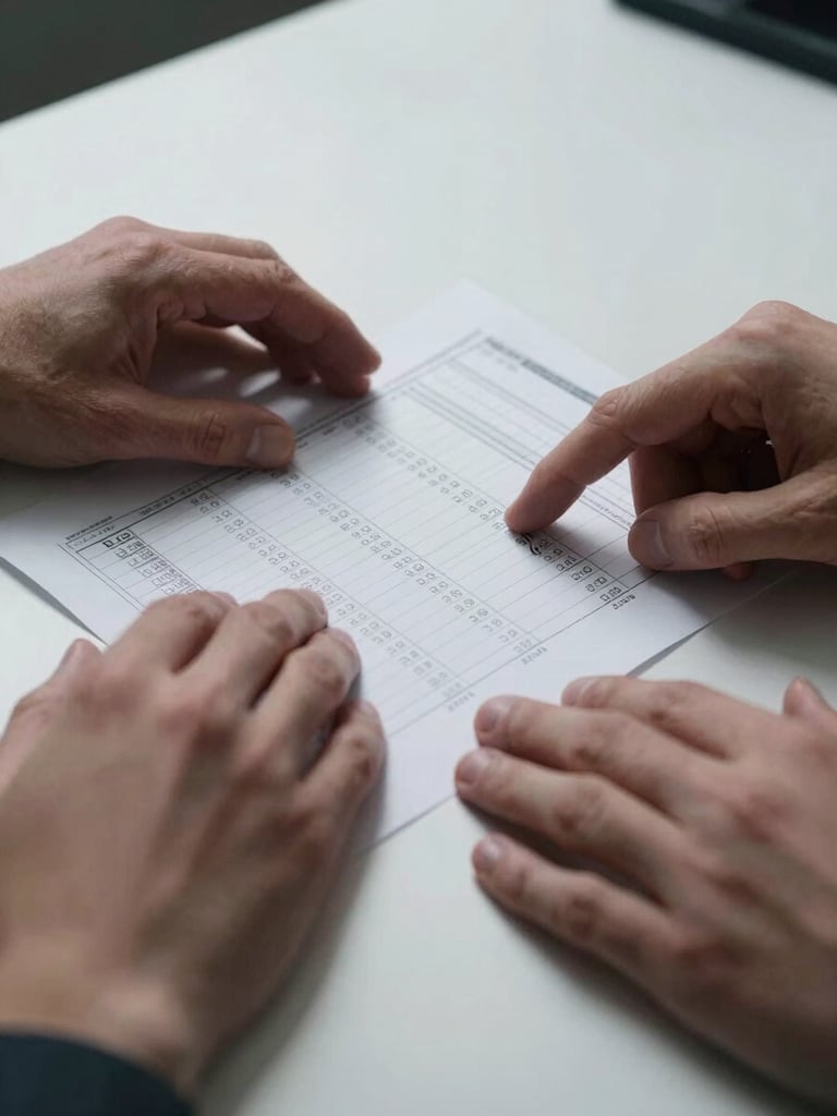 Extreme close-up, wide panoramic frame — hands spread open a printed bank statement on a bare white desk, one finger tracing a line of numbers, bright cool studio daylight from the left, deep shadow on the right edge, no face visible, forearms only