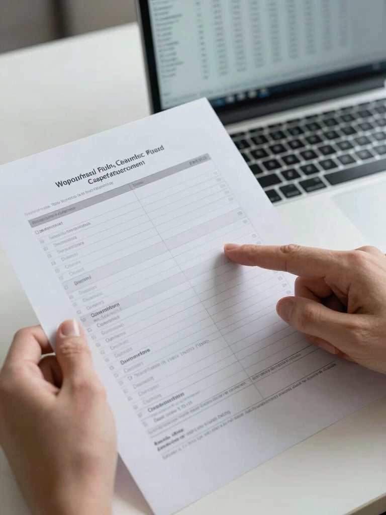 Extreme close-up of hands holding a printed bank statement on a clean white desk, a laptop screen visible in the background displaying a spreadsheet of numbers, bright cool studio daylight, fingers pointing at a specific line item, no faces visible