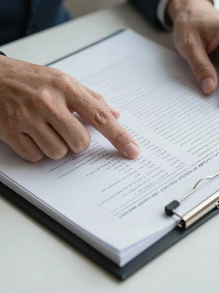 Extreme close-up, bright cool studio light — a pair of hands resting on an open manila folder of financial documents, one finger pointing at a line of printed figures on a white page, a single pen resting diagonally across the corner of the folder, blank desk surface visible at the edge of frame. No faces, no full body. Framing is tight and documentary.
