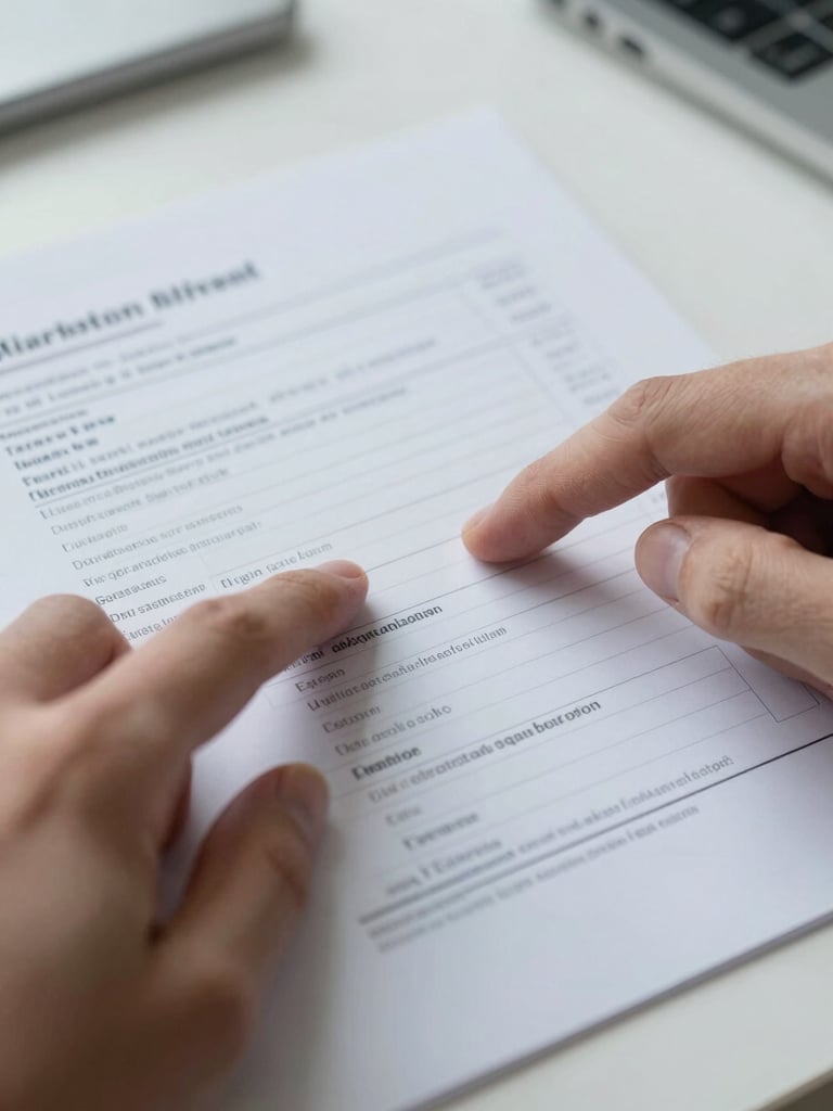 Extreme close-up of a hand holding a printed bank statement on a clean white desk, one finger pointing at a line item, cool daylight from the left side, sharp focus on the paper texture and ink